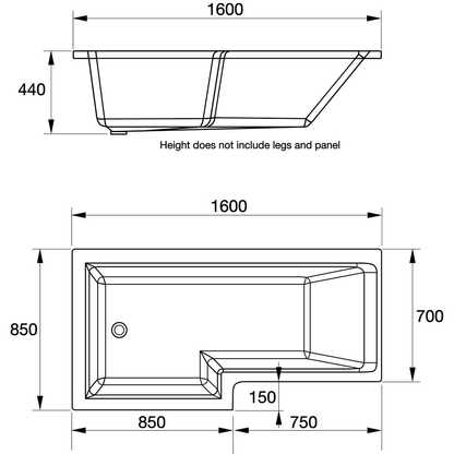 Elite 1600mm L Shaped Bath R/H With Legs