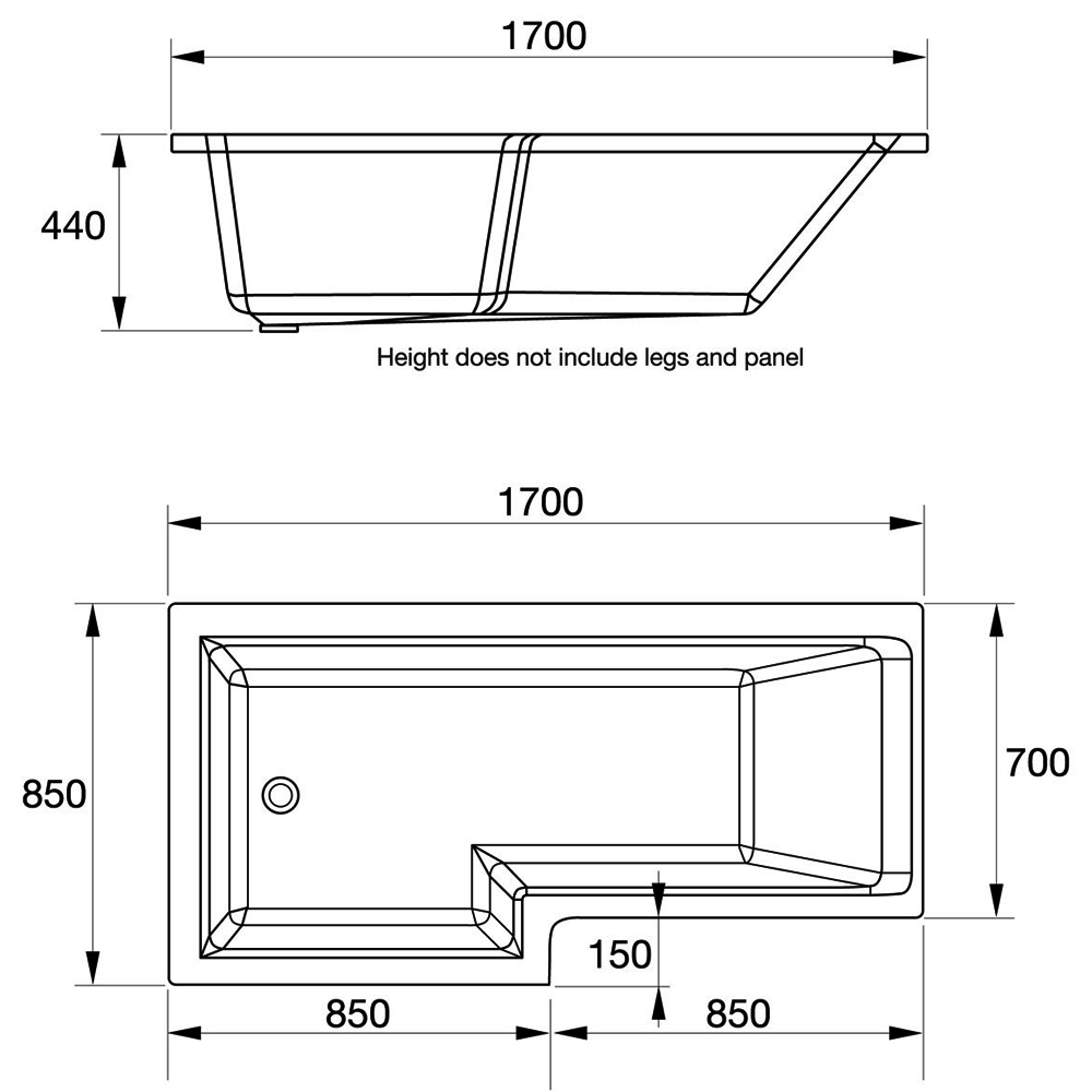 Elite L Shaped Bath 1700x850mm R/H With Legs