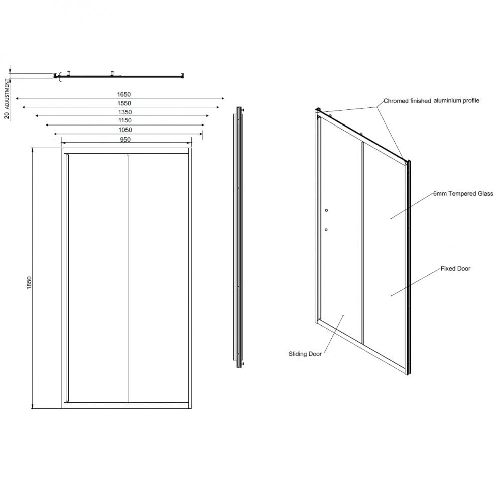 KV6 Sliding Shower Door 1000mm