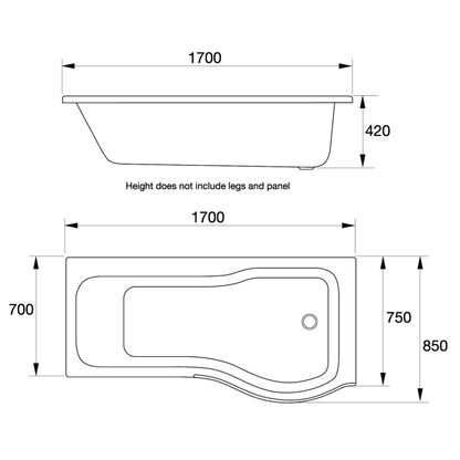 Oblique P Shaped Bath 1700x850mm L/H With Legs