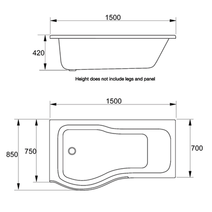 Oblique 1500mm P Shaped Bath L/H With Legs