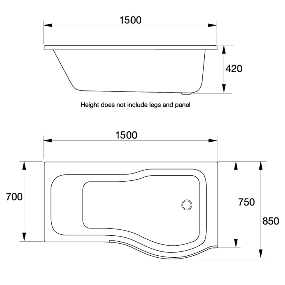 Baño oblicuo en forma de P de 1500 mm R/H con patas