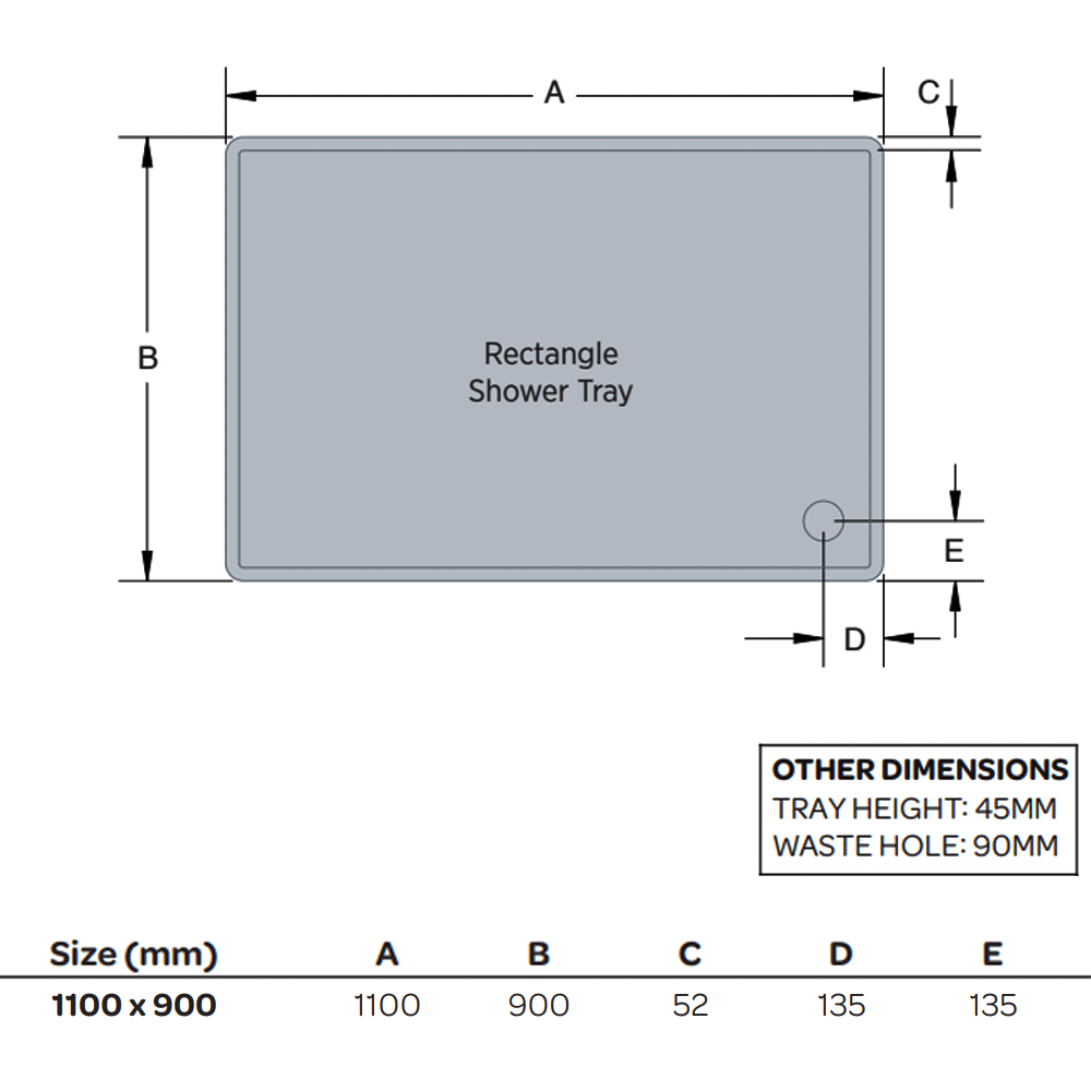 Bandeja rectangular de perfil bajo K-Vit de 1100 x 900 mm