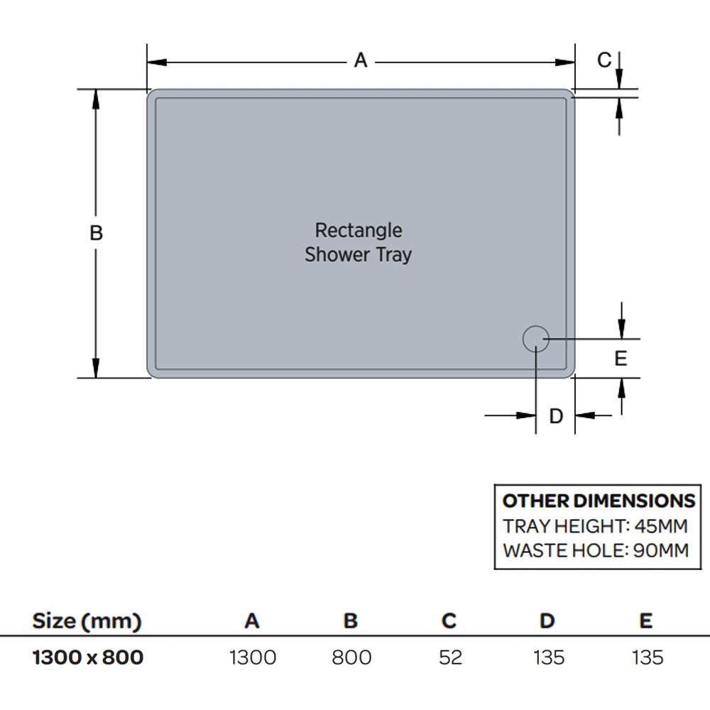 Bandeja rectangular de perfil bajo K-Vit de 1300 x 800 mm