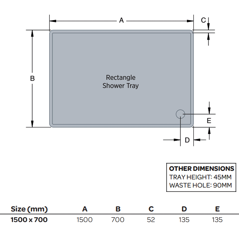 Bandeja rectangular de perfil bajo K-Vit de 1500 x 700 mm