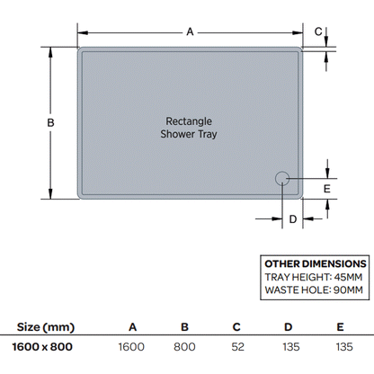 Bandeja rectangular de perfil bajo K-Vit de 1600 x 800 mm