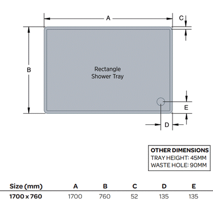 Bandeja rectangular de perfil bajo K-Vit de 1700 x 760 mm