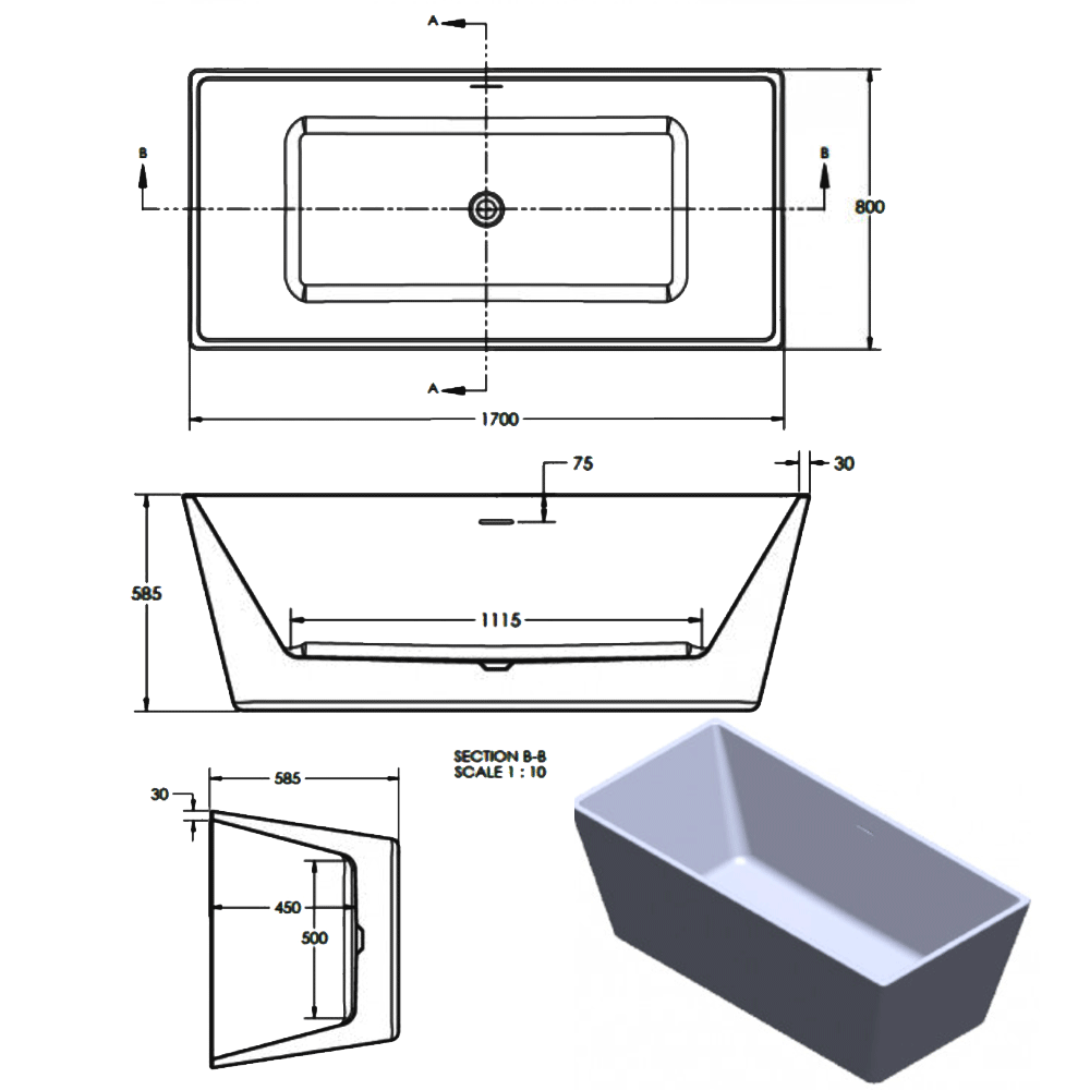 Baignoire autoportante Kruze 1700 x 800