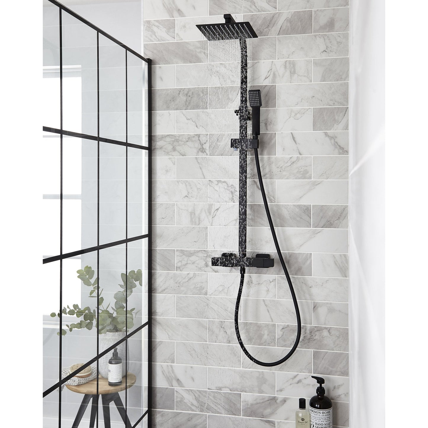 Nero Square Thermostatic Exposed Bar Shower with Overhead Drenched and Sliding Handset