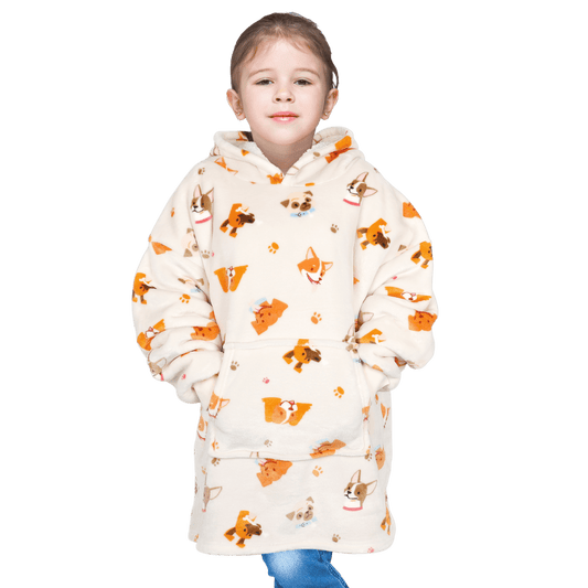 Kids Oversized Hooded Blanket Hoodie Sherpa Fur Fleece Dogs Pattern Ultra Soft Cozy Loungewear for Boys and Girls Aged 8-15 by Daisy Dreamer