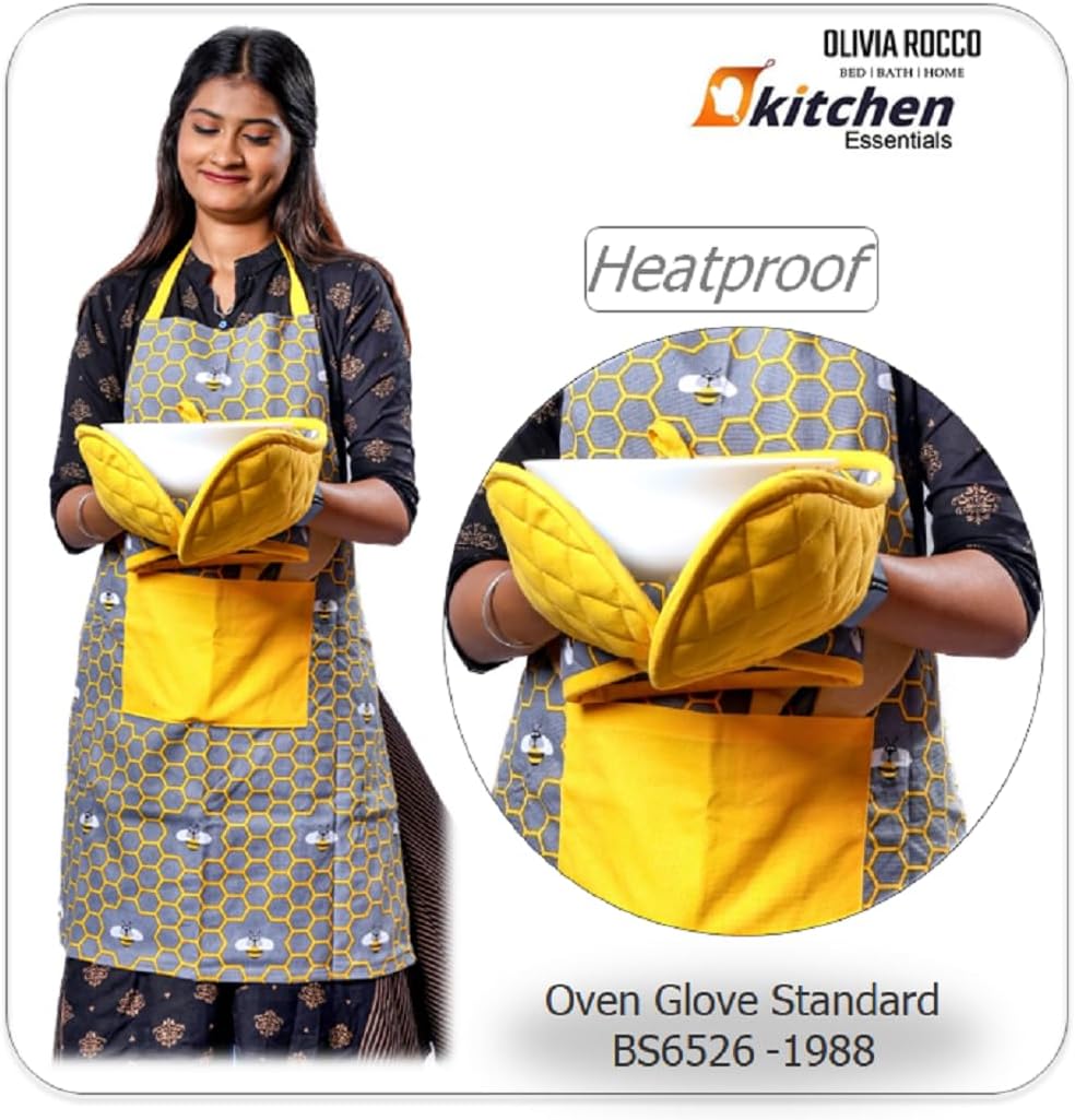 Kitchen Sets Apron Double Oven Gloves Towel Set Heat Resistant Oven Mitts Pot Holder for Home Kitchen Baking and Cooking Pack of 5 by OLIVIA ROCCO