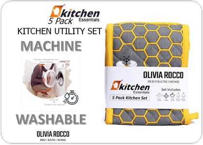 Kitchen Sets Apron Double Oven Gloves Towel Set Heat Resistant Oven Mitts Pot Holder for Home Kitchen Baking and Cooking Pack of 5 by OLIVIA ROCCO