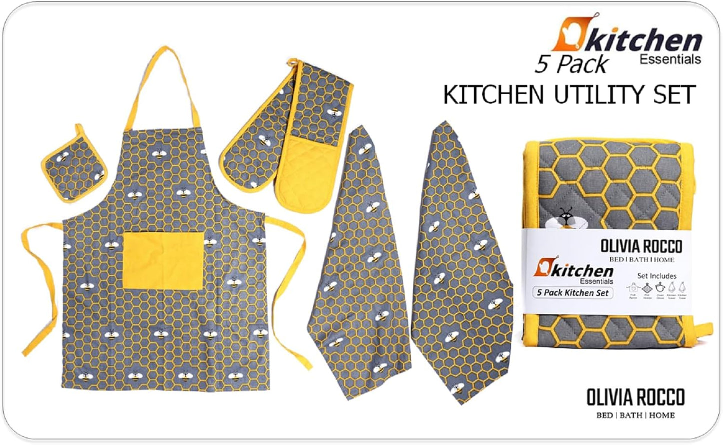 Kitchen Sets Apron Double Oven Gloves Towel Set Heat Resistant Oven Mitts Pot Holder for Home Kitchen Baking and Cooking Pack of 5 by OLIVIA ROCCO