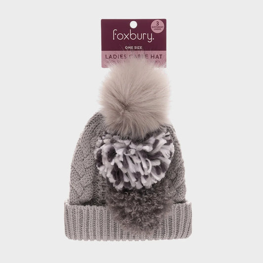 RJM Ladies Cable Hat With 3 Detachable Pompom