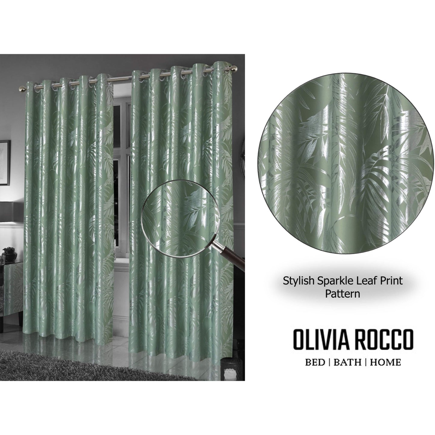Leaf Sage Green Sparkle Blackout Curtains Super Soft Thermal Insulated Eyelet Drapes for Living Room & Bedroom 2 Panels by OLIVIA ROCCO