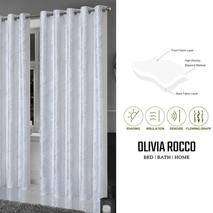 Leaf White Sparkle Blackout Curtains Super Soft Thermal Insulated Eyelet Drapes for Living Room & Bedroom 2 Panels by OLIVIA ROCCO