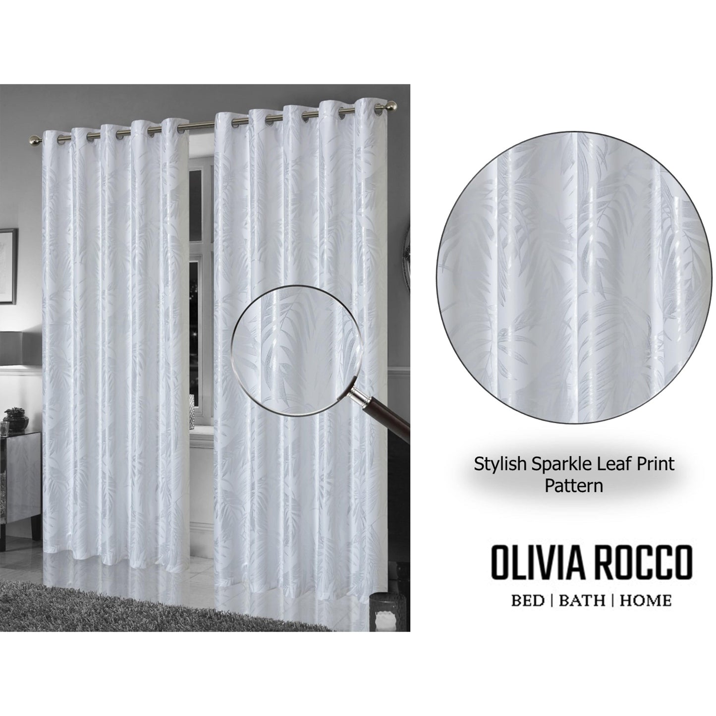 Leaf White Sparkle Blackout Curtains Super Soft Thermal Insulated Eyelet Drapes for Living Room & Bedroom 2 Panels by OLIVIA ROCCO
