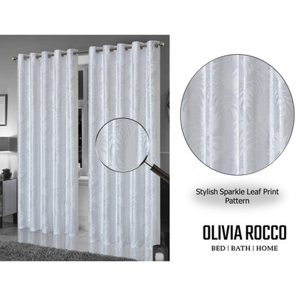 Leaf White Sparkle Blackout Curtains Super Soft Thermal Insulated Eyelet Drapes for Living Room & Bedroom 2 Panels by OLIVIA ROCCO