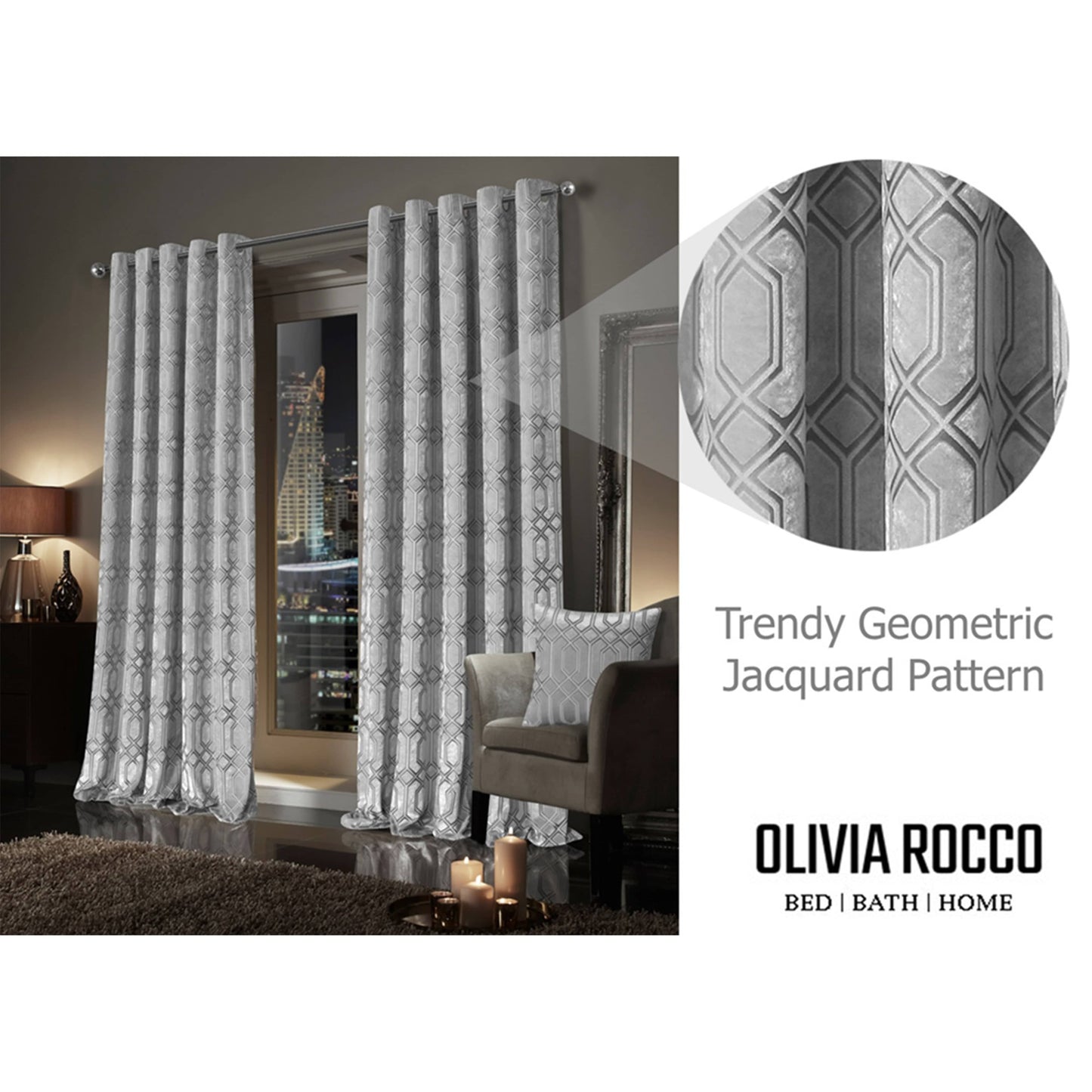 Luxe Geo Velvet Eyelet Curtains Grey Thermal Insulated Soundproof Light Blocking Drapes for Bedroom & Lounge by OLIVIA ROCCO