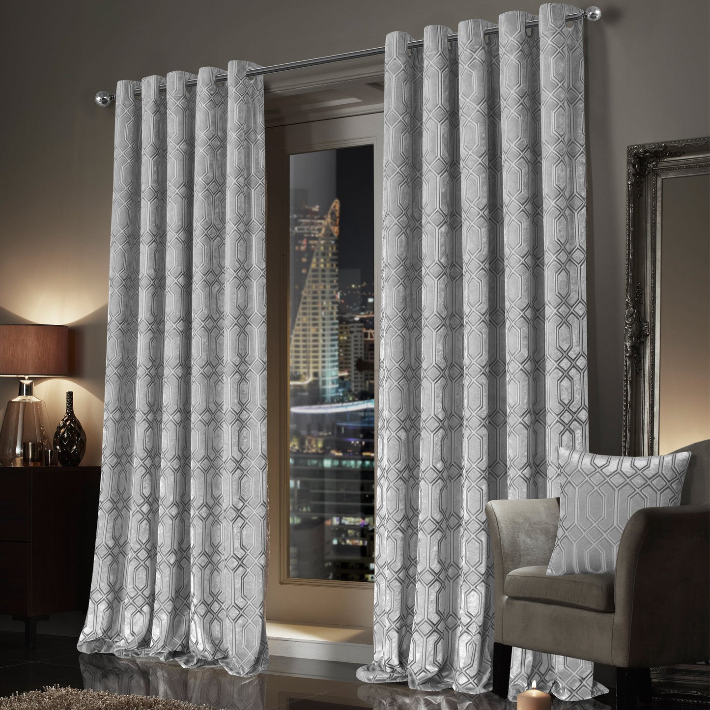 Luxe Geo Velvet Eyelet Curtains Grey Thermal Insulated Soundproof Light Blocking Drapes for Bedroom & Lounge by OLIVIA ROCCO