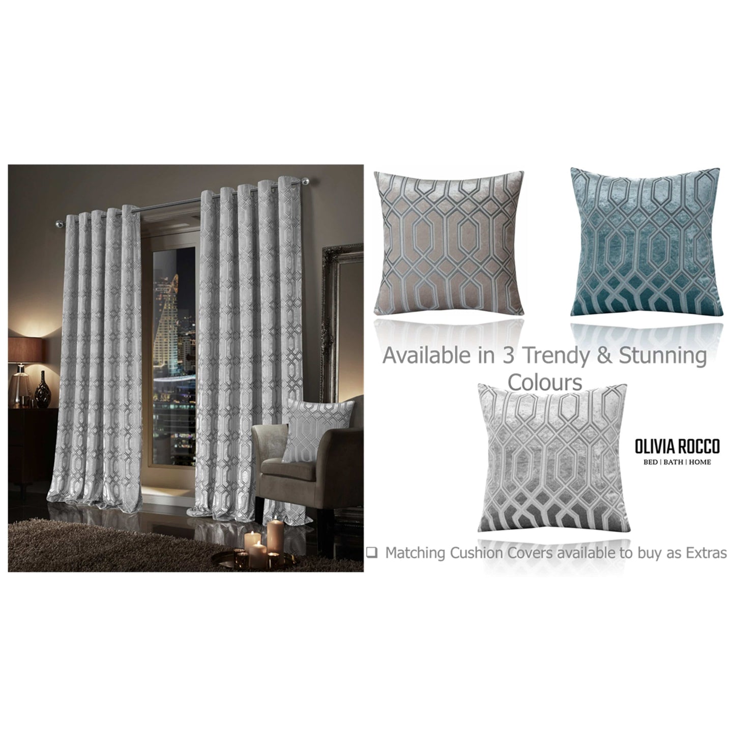 Luxe Geo Velvet Eyelet Curtains Grey Thermal Insulated Soundproof Light Blocking Drapes for Bedroom & Lounge by OLIVIA ROCCO