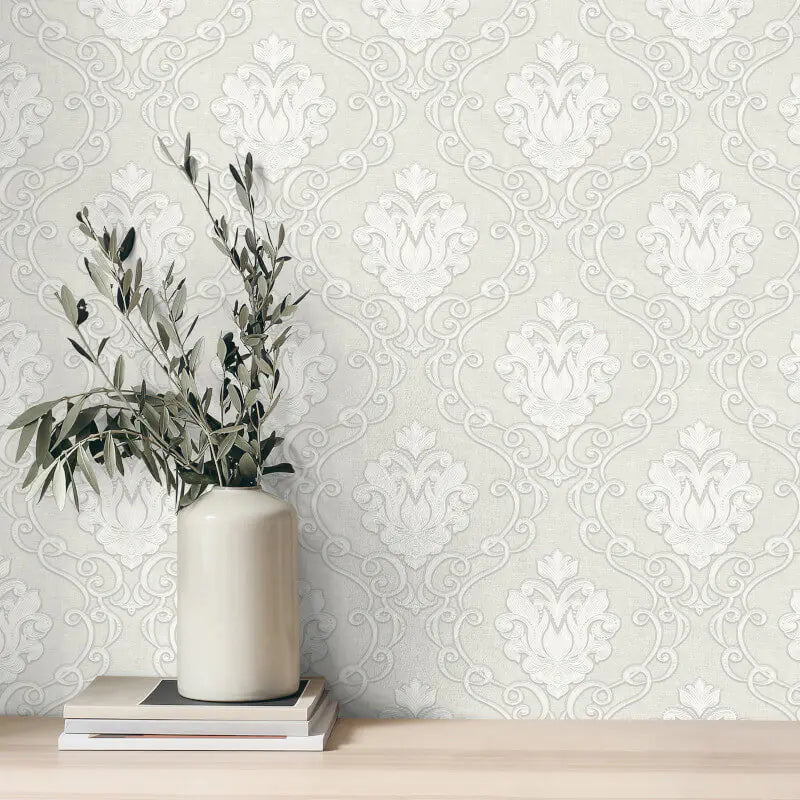 Fine Decor Vymura Florentine Damask White Wallpaper (M95657)