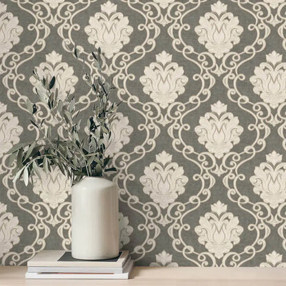 Fine Decor Vymura Florentine Damask Gunmetal Wallpaper (M95660)