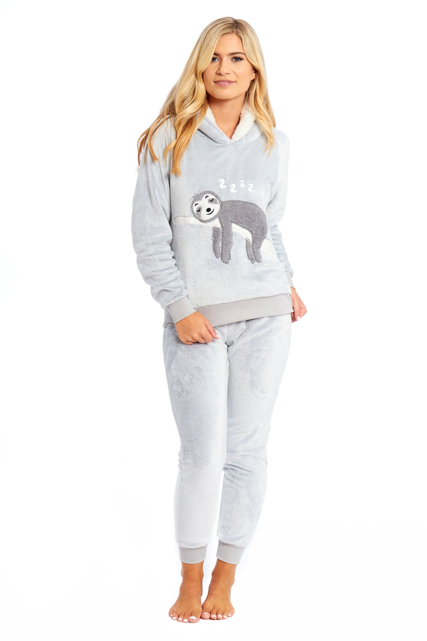 Matching Mother Daughter Plush Fleece Hooded Pyjama Set with Embroidered Sloth Design Ultra-Soft Sherpa-Lined Nightwear for Girls and Women by Daisy Dreamer