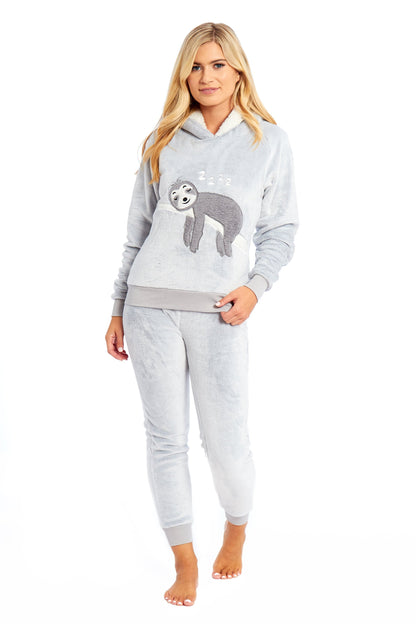 Matching Mother Daughter Plush Fleece Hooded Pyjama Set with Embroidered Sloth Design Ultra-Soft Sherpa-Lined Nightwear for Girls and Women by Daisy Dreamer