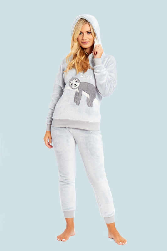 Matching Mother Daughter Plush Fleece Hooded Pyjama Set with Embroidered Sloth Design Ultra-Soft Sherpa-Lined Nightwear for Girls and Women by Daisy Dreamer