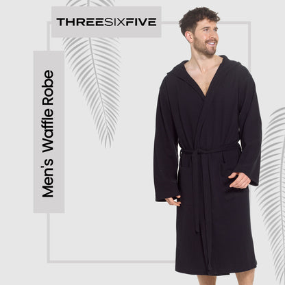 Men’s Hooded Waffle Cotton Bathrobe Black Super Absorbent Spa Robe Luxury Dressing Gown for Home & Loungewear by OLIVIA ROCCO