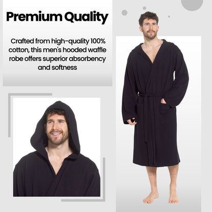 Men’s Hooded Waffle Cotton Bathrobe Black Super Absorbent Spa Robe Luxury Dressing Gown for Home & Loungewear by OLIVIA ROCCO