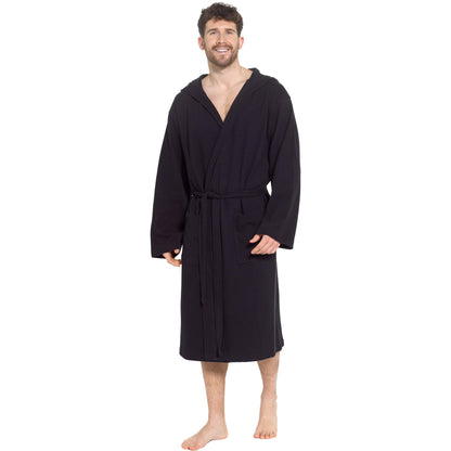 Men’s Hooded Waffle Cotton Bathrobe Black Super Absorbent Spa Robe Luxury Dressing Gown for Home & Loungewear by OLIVIA ROCCO