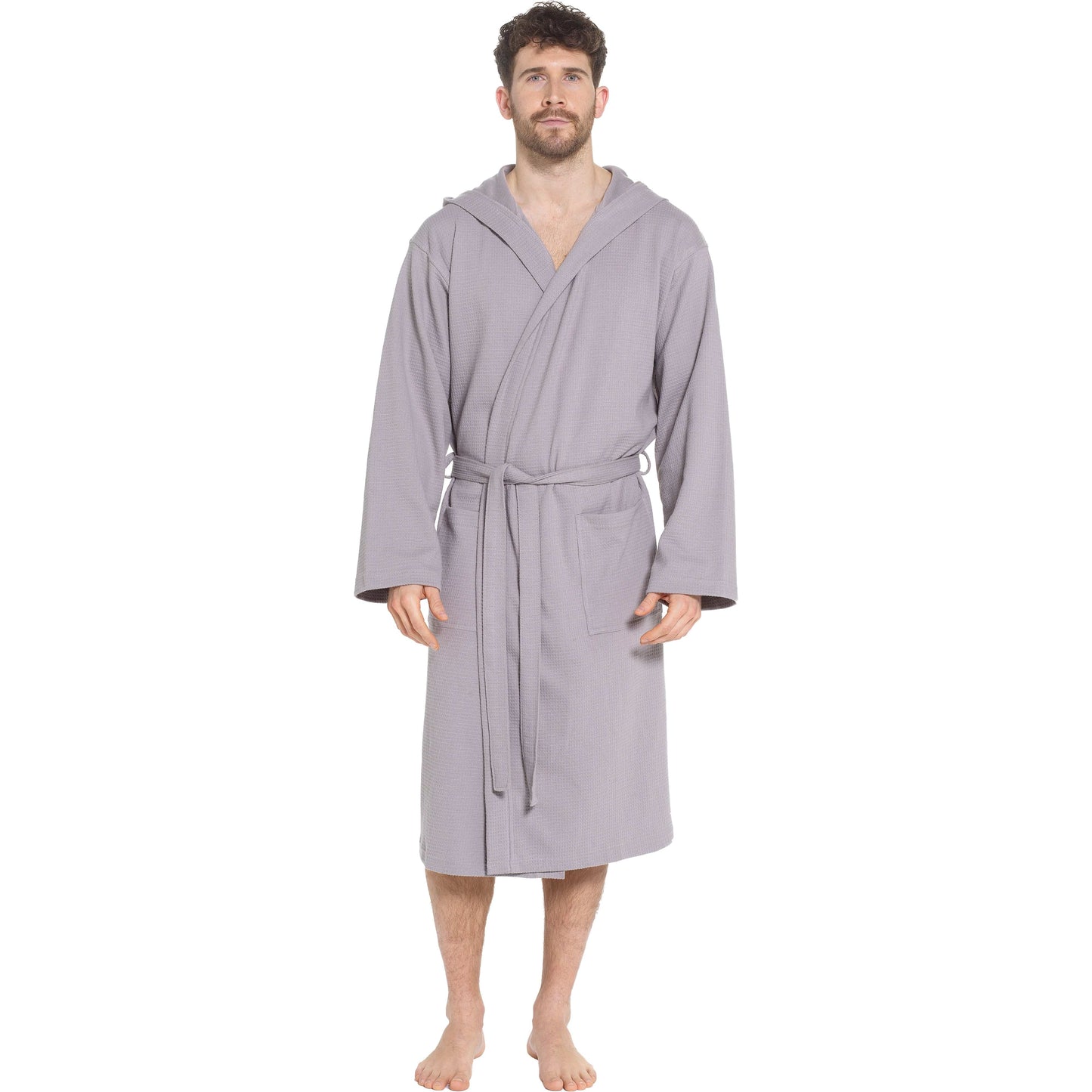 Men’s Hooded Waffle Cotton Bathrobe Grey Super Absorbent Spa Robe Luxury Dressing Gown for Home & Loungewear by OLIVIA ROCCO