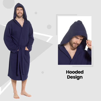 Men’s Hooded Waffle Cotton Bathrobe Navy Super Absorbent Spa Robe Luxury Dressing Gown for Home & Loungewear by OLIVIA ROCCO