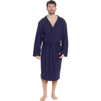Men’s Hooded Waffle Cotton Bathrobe Navy Super Absorbent Spa Robe Luxury Dressing Gown for Home & Loungewear by OLIVIA ROCCO