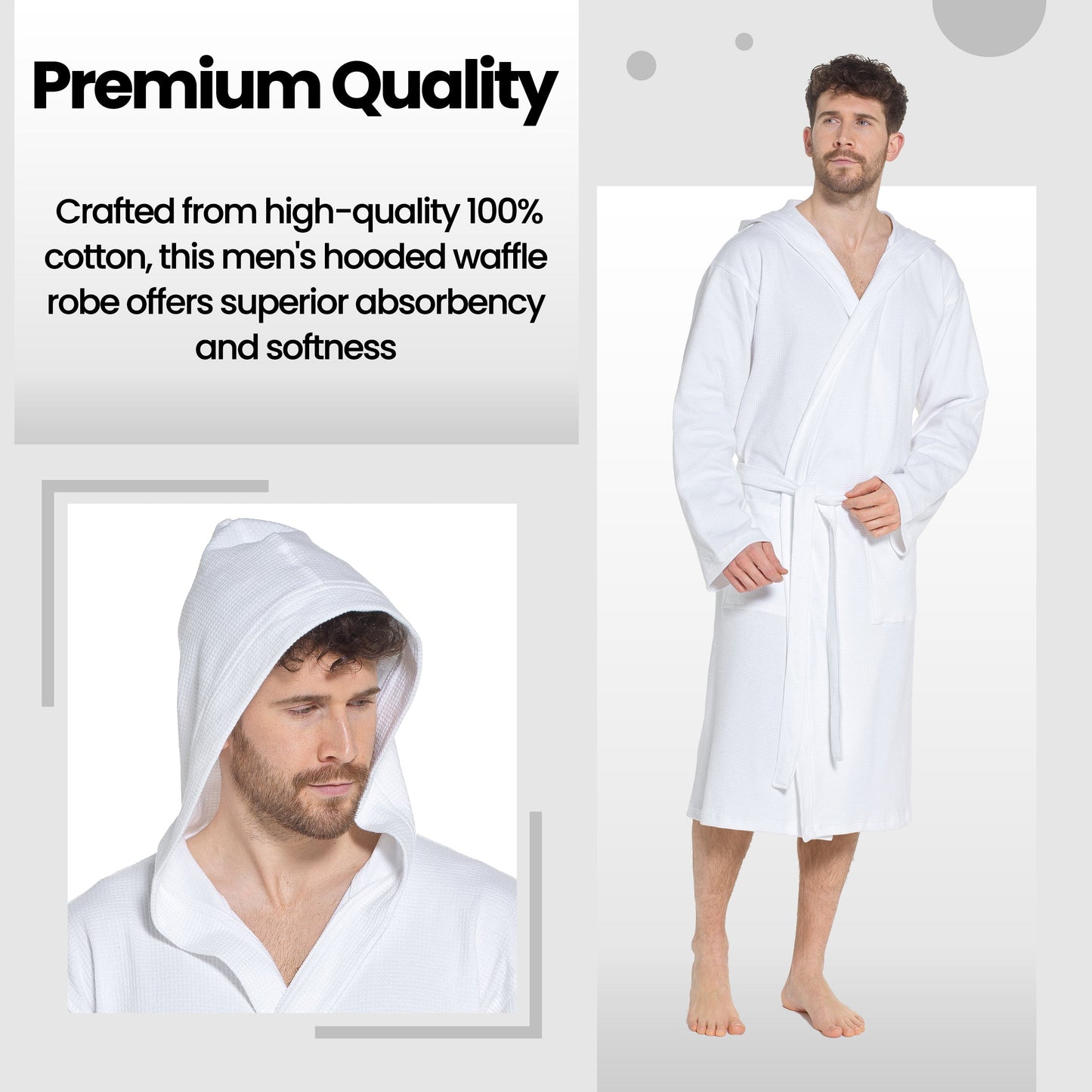 Men’s Hooded Waffle Cotton Bathrobe White Super Absorbent Spa Robe Luxury Dressing Gown for Home & Loungewear by OLIVIA ROCCO