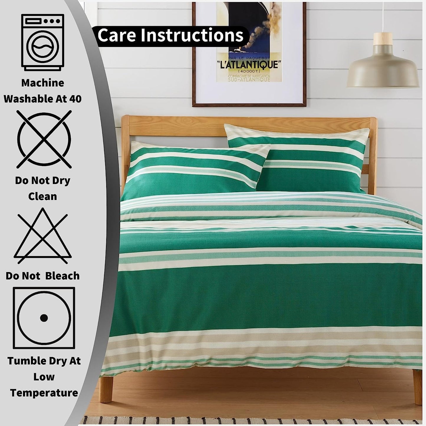 Miami Stripes Reversible Duvet Cover Set Hypoallergenic High-Quality Cotton Blend Bedding Available in Grey Natural Green Multiple Sizes by OLIVIA ROCCO