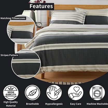 Miami Stripes Reversible Duvet Cover Set Hypoallergenic High-Quality Cotton Blend Bedding Available in Grey Natural Green Multiple Sizes by OLIVIA ROCCO