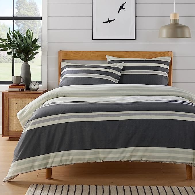 Miami Stripes Reversible Duvet Cover Set Hypoallergenic High-Quality Cotton Blend Bedding Available in Grey Natural Green Multiple Sizes by OLIVIA ROCCO