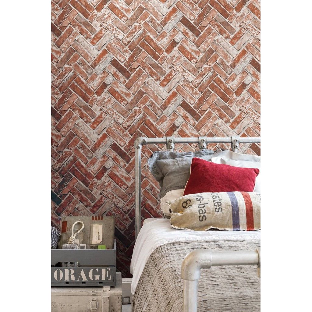 Muriva Herringbone Brick Red Wallpaper (174501) – Batley DIY