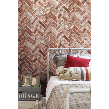 Muriva Herringbone Brick Red  Wallpaper (174501)