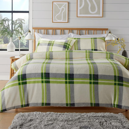 Orkney Check Fleece Duvet Set Grey Green Super Soft Luxurious Bedding Single Double King with Pillowcases Perfect for Winter Nights by OLIVIA ROCCO