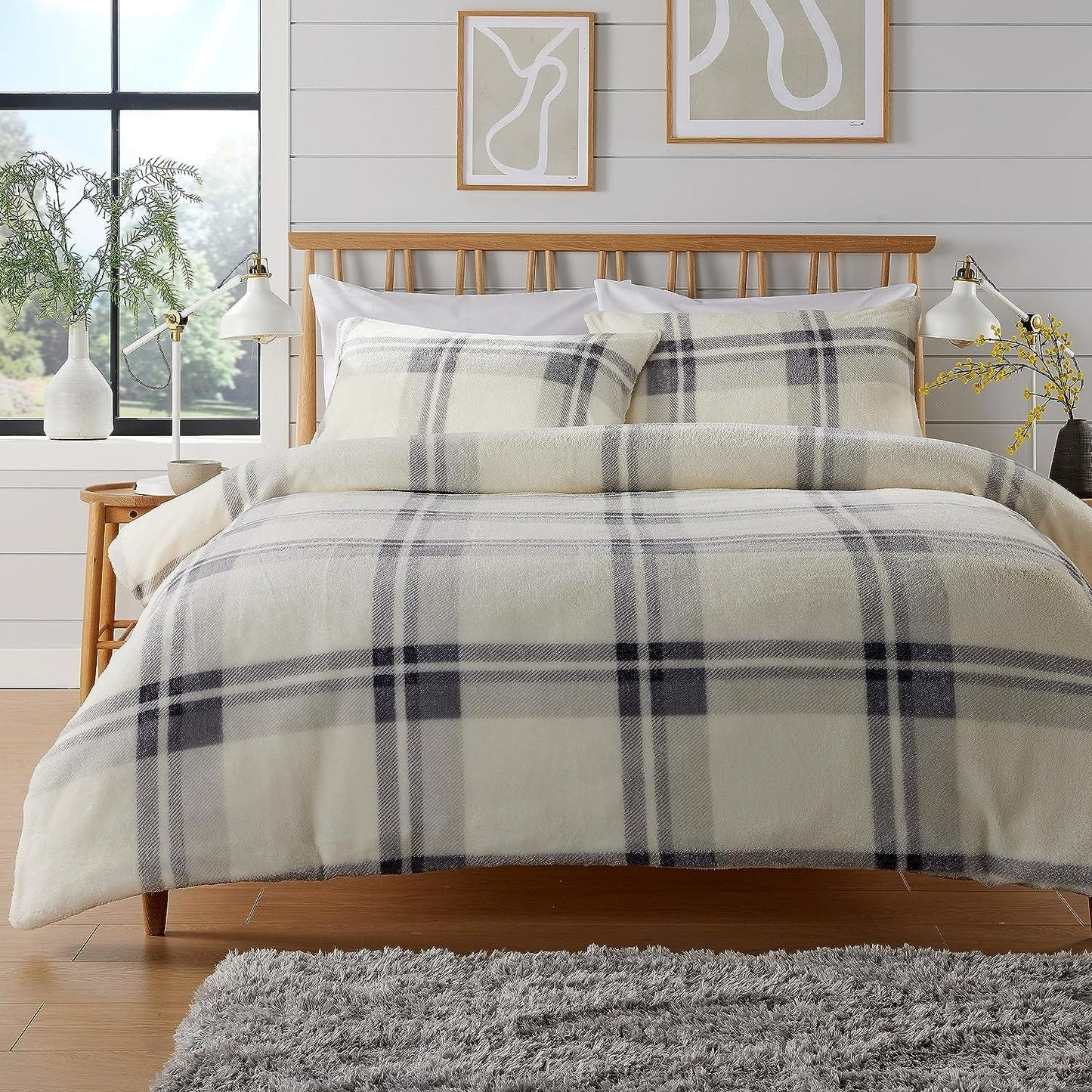 Orkney Check Fleece Duvet Set Grey Green Super Soft Luxurious Bedding Single Double King with Pillowcases Perfect for Winter Nights by OLIVIA ROCCO