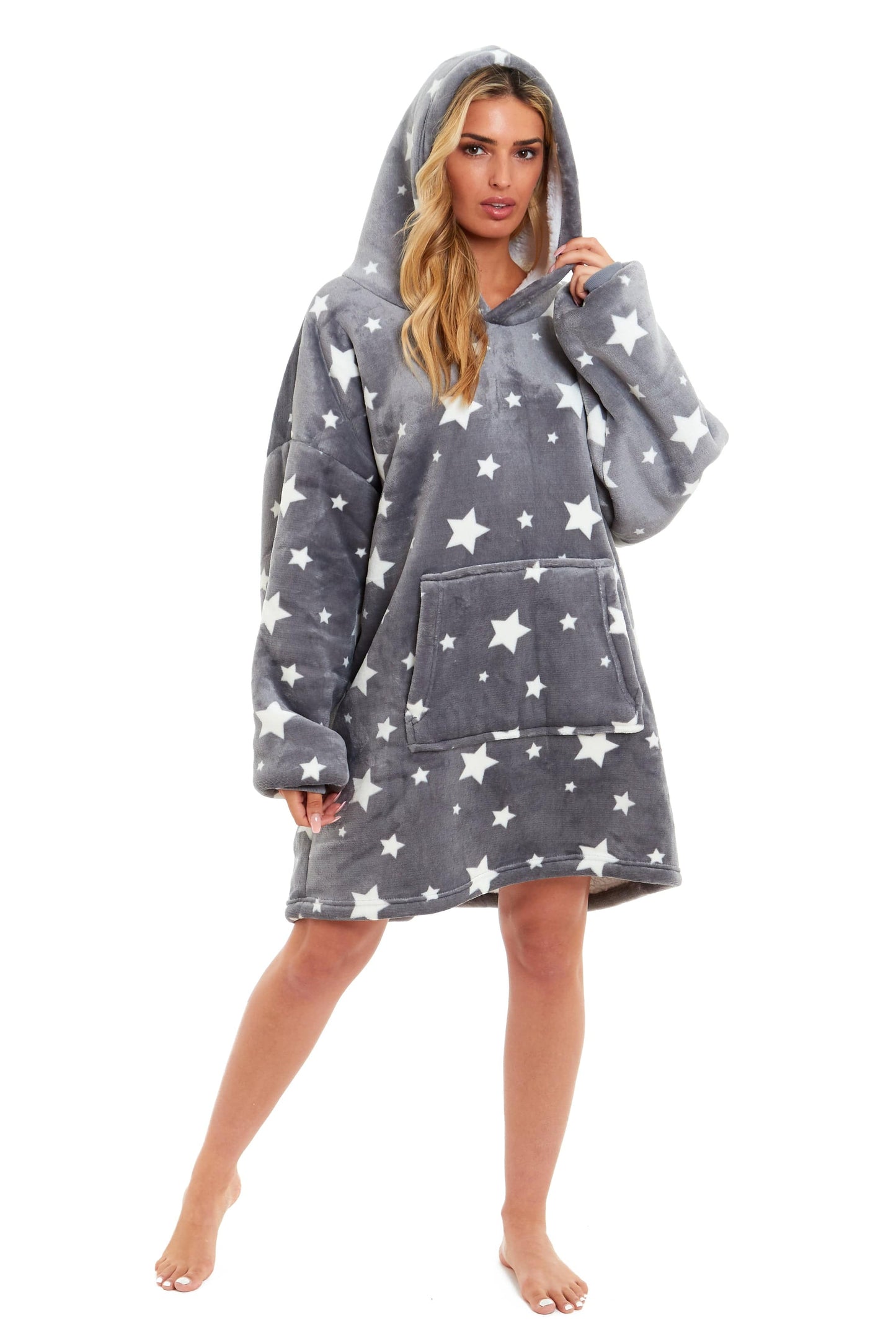 Oversized Hooded Blanket Ultra Soft Reversible Sherpa and Plush Fleece Grey Stars Giant Hoodie Sweatshirt for Adults and Kids by Daisy Dreamer