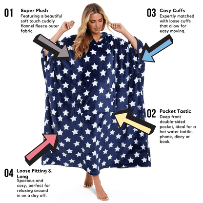 Oversized Hooded Fleece Poncho Blanket with Stars and Polka Dots Plush Wearable Blanket with Front Pocket for Adults Indoor Outdoor by Daisy Dreamer