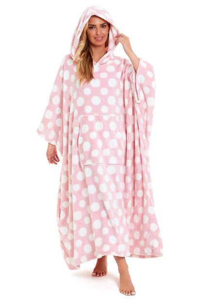 Oversized Hooded Fleece Poncho Blanket with Stars and Polka Dots Plush Wearable Blanket with Front Pocket for Adults Indoor Outdoor by Daisy Dreamer