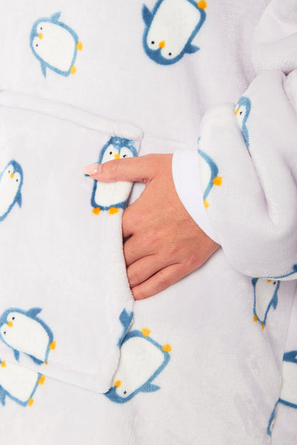 Oversized Hooded Penguin Blanket Plush Fleece Reversible Sherpa Giant Hoodie Sweatshirt Ultra-Soft Flannel Loungewear for Adults and Kids by Daisy Dreamer