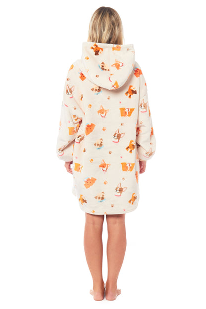 Oversized Hooded Reversible Sherpa Plush Fleece Blanket Hoodie with Adorable Dogs Print Ultra Soft Wearable Blanket for Adults and Kids One Size by Daisy Dreamer