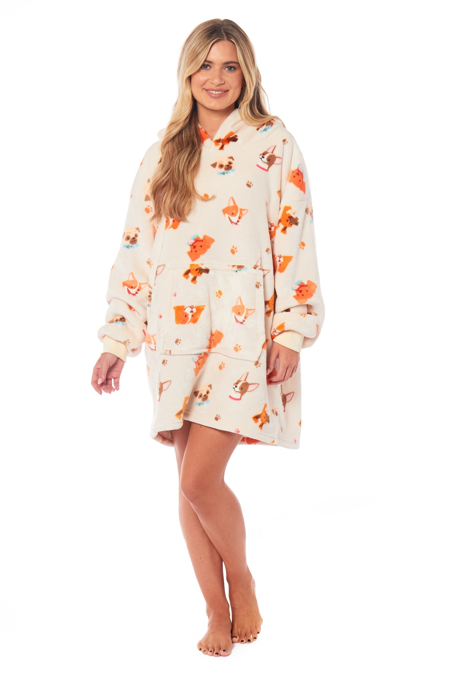 Oversized Hooded Reversible Sherpa Plush Fleece Blanket Hoodie with Adorable Dogs Print Ultra Soft Wearable Blanket for Adults and Kids One Size by Daisy Dreamer